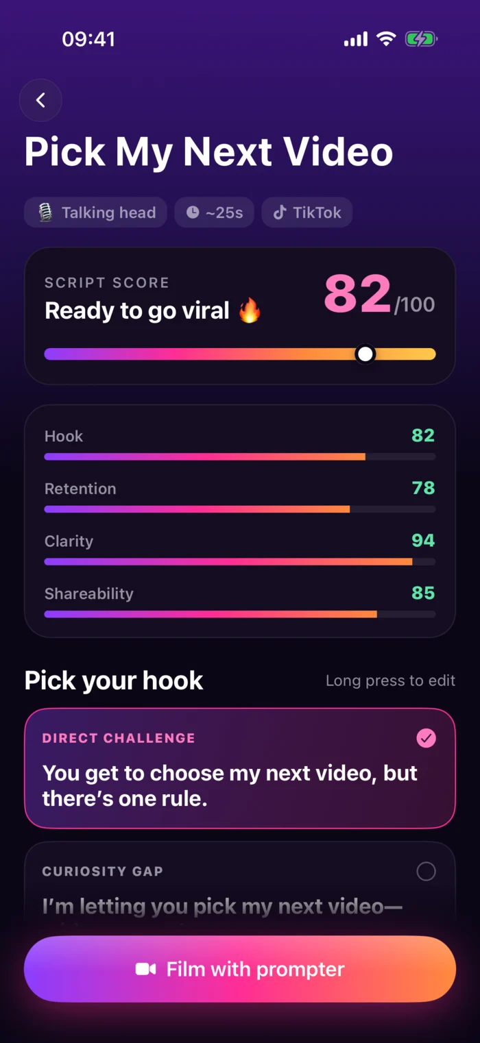 Script Pick My Next Video, scored 82 out of 100, with hook options