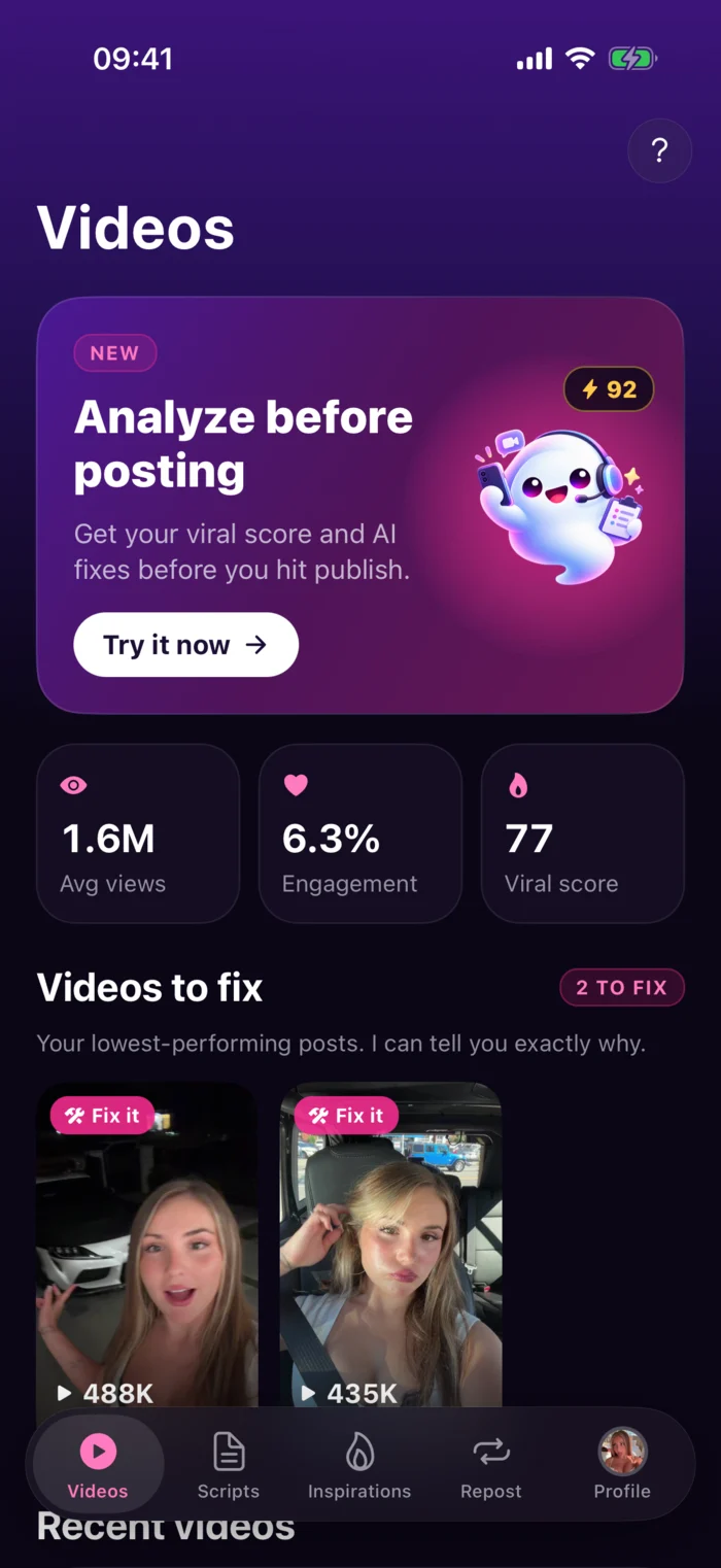 Videos tab with average views, engagement, viral score and the videos to fix